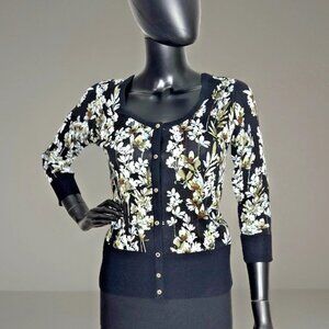 WHBM Scoop neck Snap Front Cardigan Floral Black Knit Sweater Size XS